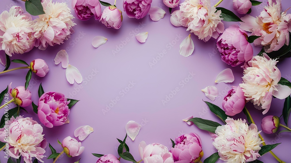 Beautiful frame made of blooming peonies on a purple background, in a flat lay top view. Floral composition for a greeting card design, wedding invitation or decoration in spring and summer. Beautiful frame made of blooming peonies on a purple background, in a flat lay top view. Floral composition for a greeting card design, wedding invitation or decoration in spring and summer.