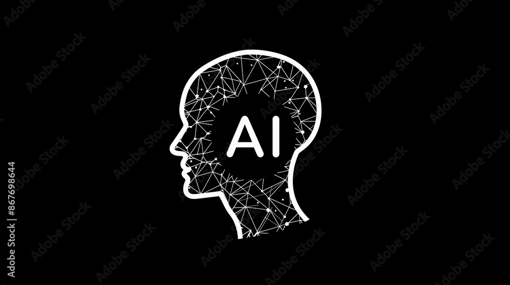 Illustration of an artificial intelligence concept featuring a human head profile created from interconnected lines and dots with the letters AI, representing the future of ai