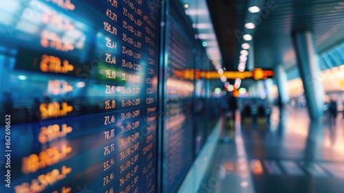 airport at night, Interior of a modern stylish airport, close-up of a flight information board at a 45 degree angle, 