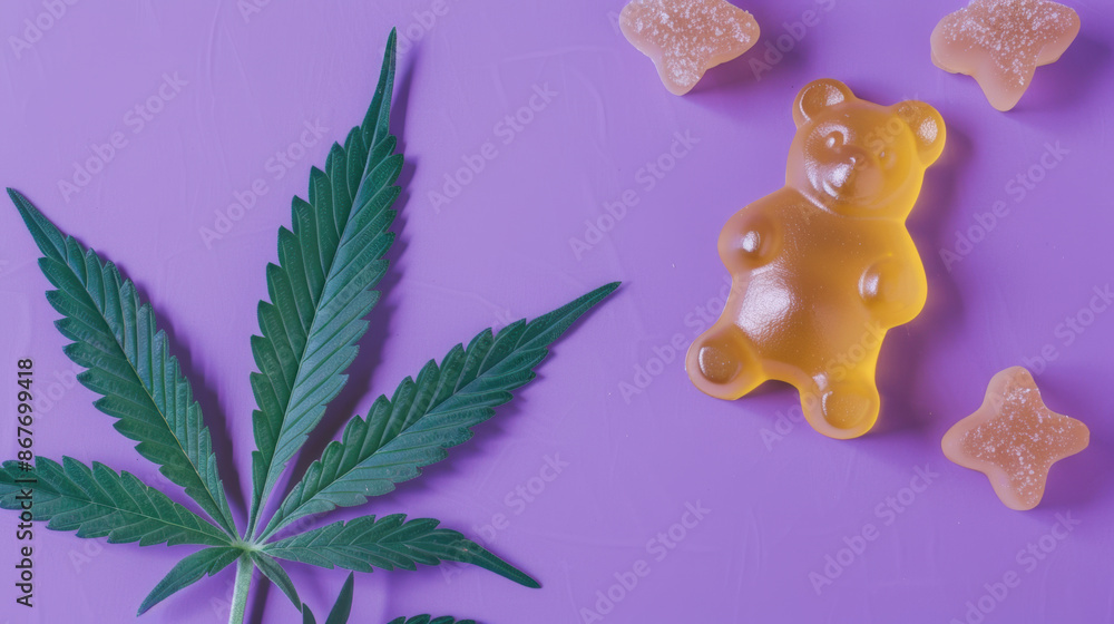 CBD Gummies and Cannabis Leaves on a Vibrant Background. CBD Gummies and Cannabis Leaves on a Vibrant Background.