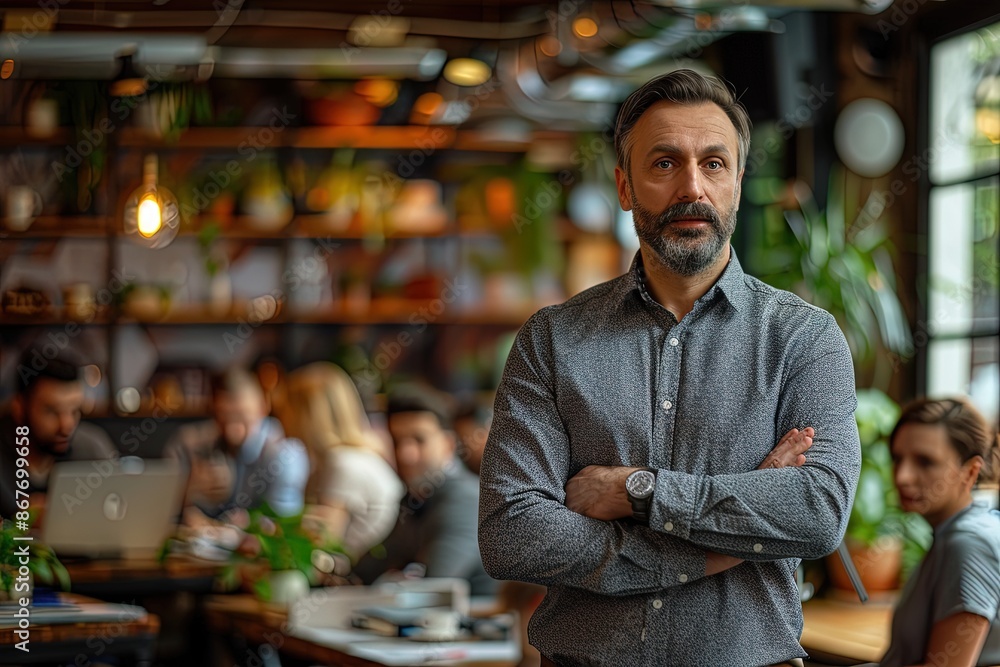 A man stands in a restaurant with a group of people A man stands in a restaurant with a group of people