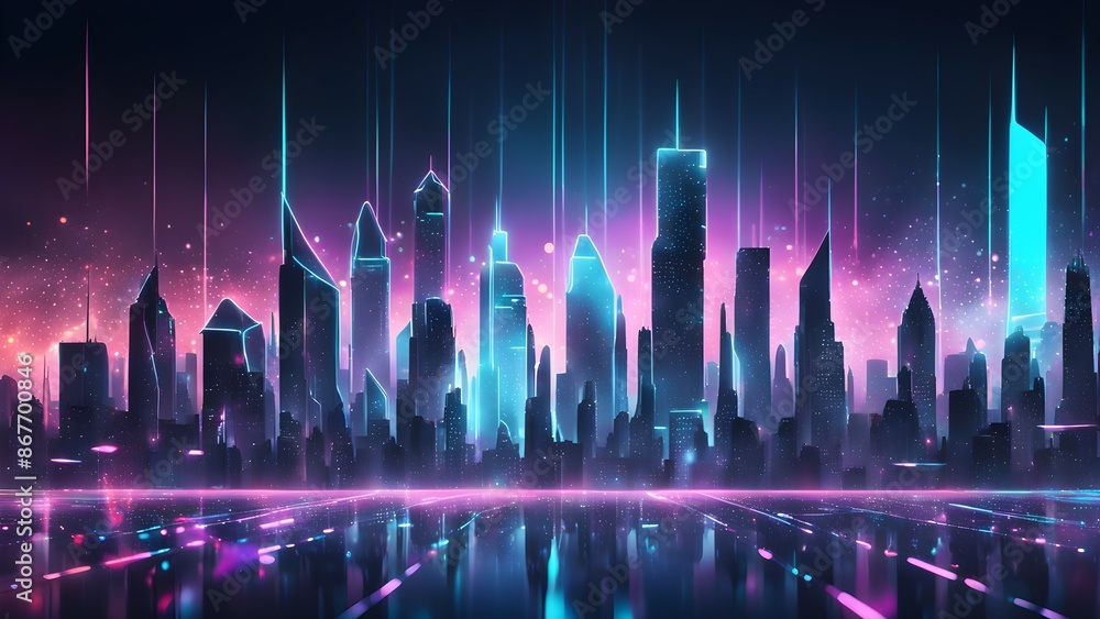 A computer generated image of a cityscape with a blue and pink background A computer generated image of a cityscape with a blue and pink background