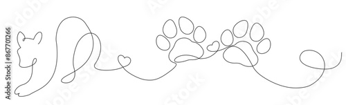 Linea continua con gatto gioca, impronte di zampa e cuore. heart. Amore per gli animali in un semplice stile lineare, Illustrazione grafica vettoriale per Canva, presentazione, decorazione, ricamo,	