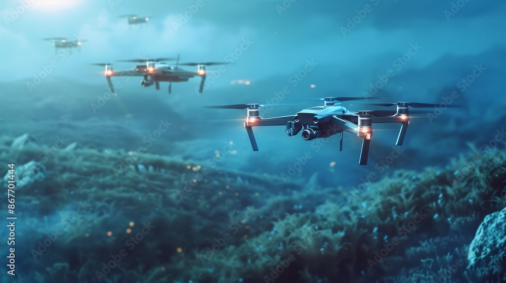 Naklejka premium A fleet of drones flying over a misty landscape during twilight, showcasing advanced aerospace technology in an atmospheric scene.