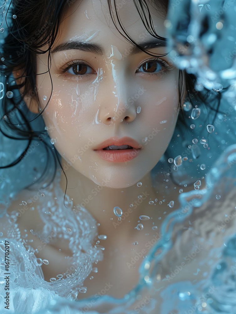 Stunning young chinese woman with dark hair poses in water wearing a white top Stunning young chinese woman with dark hair poses in water wearing a white top