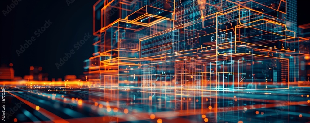 Futuristic digital cityscape with glowing neon lines and geometric shapes, representing technology, data flow, and advanced urban infrastructure. Futuristic digital cityscape with glowing neon lines and geometric shapes, representing technology, data flow, and advanced urban infrastructure.