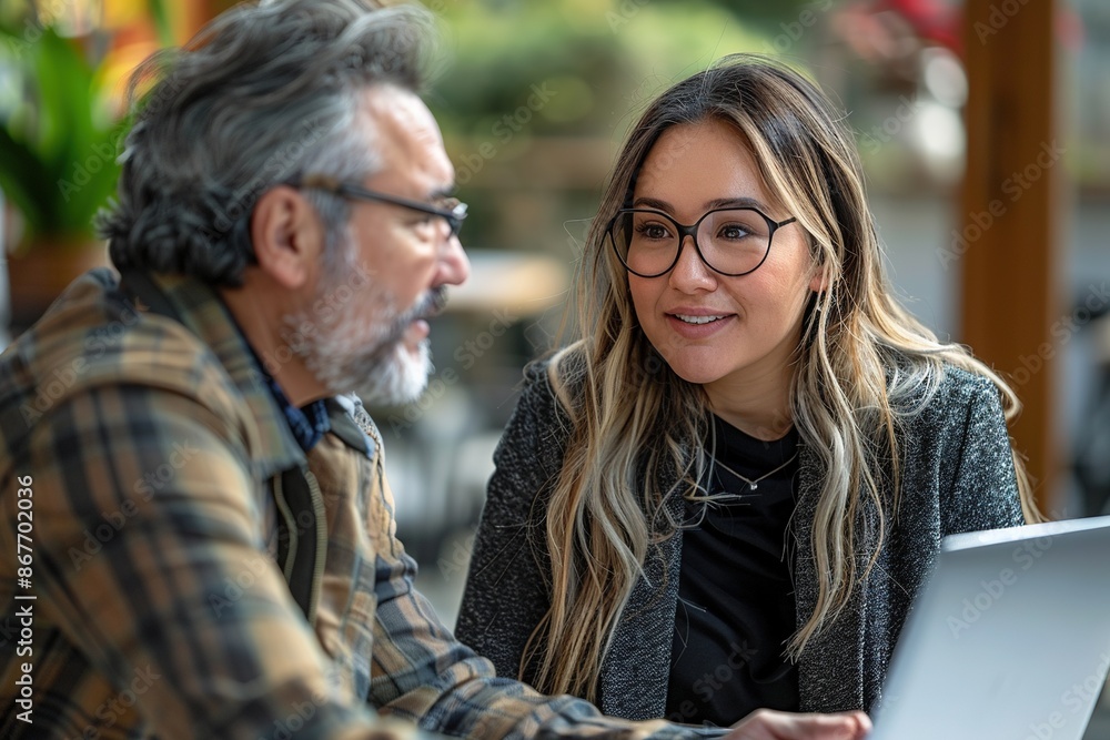 A man and a woman are sitting at a table with a laptop in front of them A man and a woman are sitting at a table with a laptop in front of them