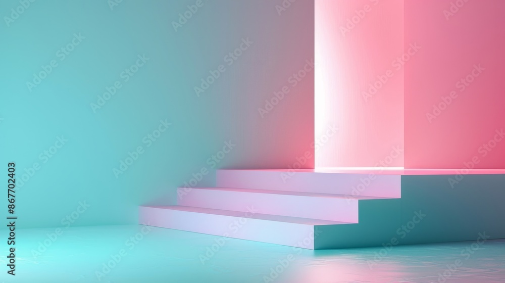 Obraz premium Modern minimalist interior with pastel gradient lighting. Empty room with steps in soft pink and teal hues. Creative, stylish, trendy design.