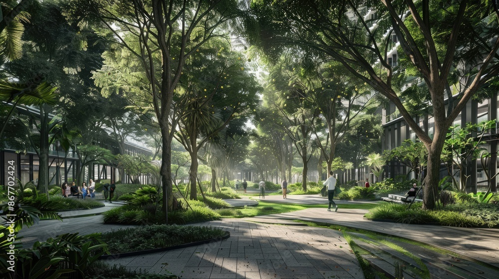 Fototapeta premium A thriving urban forest with diverse tree species and green walkways for pedestrians.