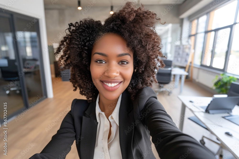 Confidence, professionalism, positive attitude, finding job in the workplace. African-American businesswoman entrepreneur in suit newbie taking a selfie in a modern office environment. Confidence, professionalism, positive attitude, finding job in the workplace. African-American businesswoman entrepreneur in suit newbie taking a selfie in a modern office environment.