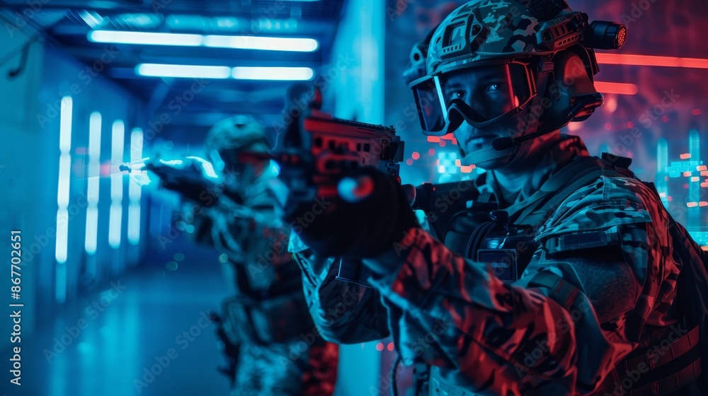 Two soldiers in tactical gear aiming rifles inside a futuristic, neon-lit hallway. Focus on the soldier in the foreground with intense expression. Two soldiers in tactical gear aiming rifles inside a futuristic, neon-lit hallway. Focus on the soldier in the foreground with intense expression.
