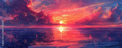 A tranquil sunset over a calm ocean, the sky ablaze with hues of orange, pink, and purple.