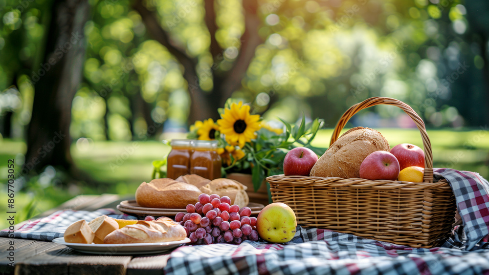 Picnic basket with bread, fruits and drink on rustic wooden table in park Picnic basket with bread, fruits and drink on rustic wooden table in park