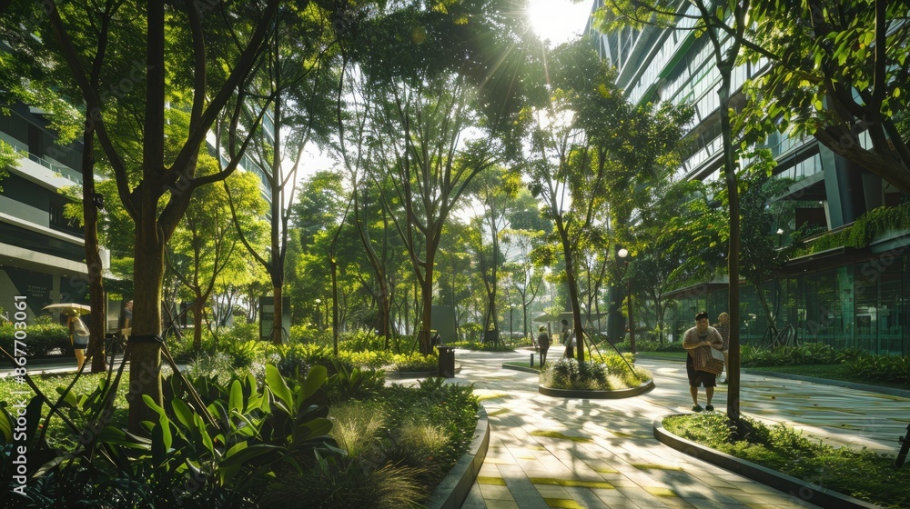 A thriving urban forest with diverse tree species and green walkways for pedestrians. A thriving urban forest with diverse tree species and green walkways for pedestrians.