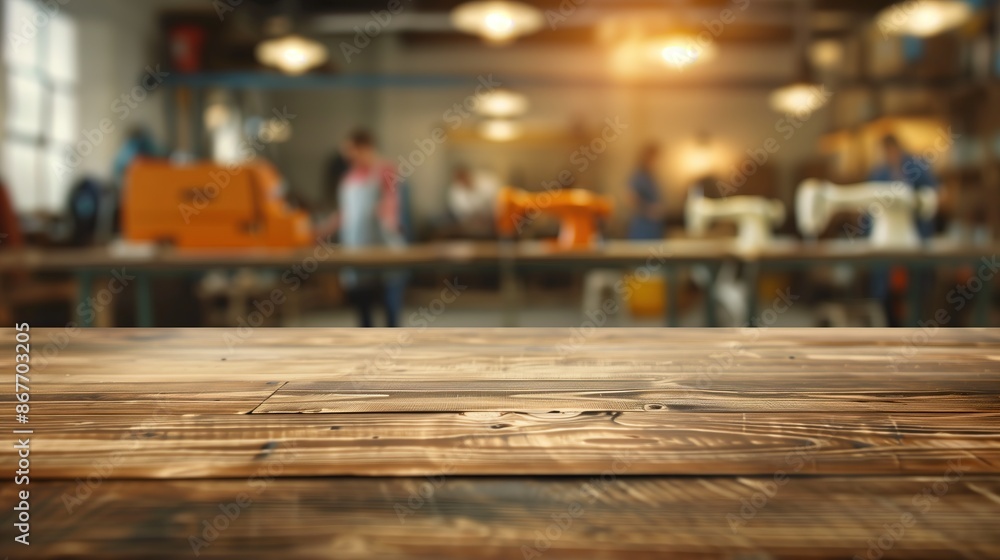 Empty old wooden table with female garment factory worker with blurred background Empty old wooden table with female garment factory worker with blurred background