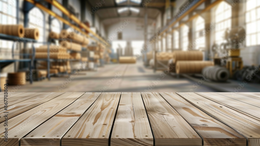Empty old wooden table overlooking a thread factory, with blurred background Empty old wooden table overlooking a thread factory, with blurred background
