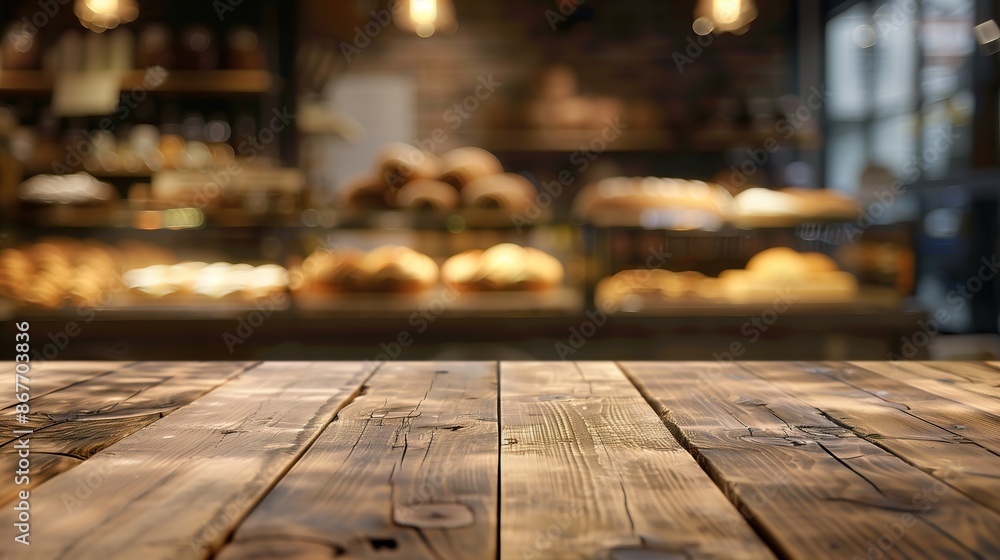 Empty old wooden table overlooking a bakery, with blurred background Empty old wooden table overlooking a bakery, with blurred background