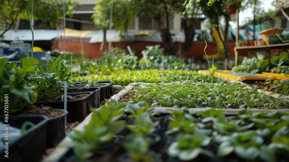 A thriving urban garden with climate-resilient plants and efficient irrigation systems. A thriving urban garden with climate-resilient plants and efficient irrigation systems.