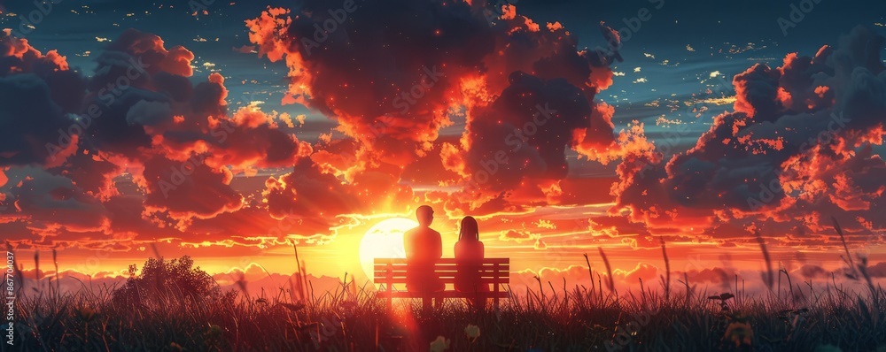 A couple sitting on a bench, watching the sunset and holding hands.