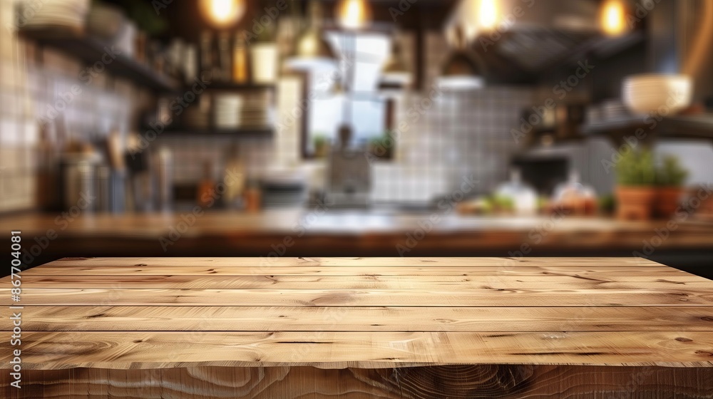 Empty old wooden table overlooking the kitchen, with blurred background Empty old wooden table overlooking the kitchen, with blurred background
