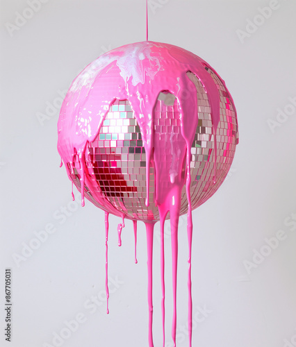A pink disco ball dripping with neon paint against an empty white background.Minimal creative summer party concept.