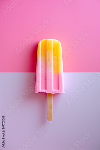 A pink and yellow popsicle ice cream on a split pastel background.Minimal creative food concept.Flat lay © sunaiart