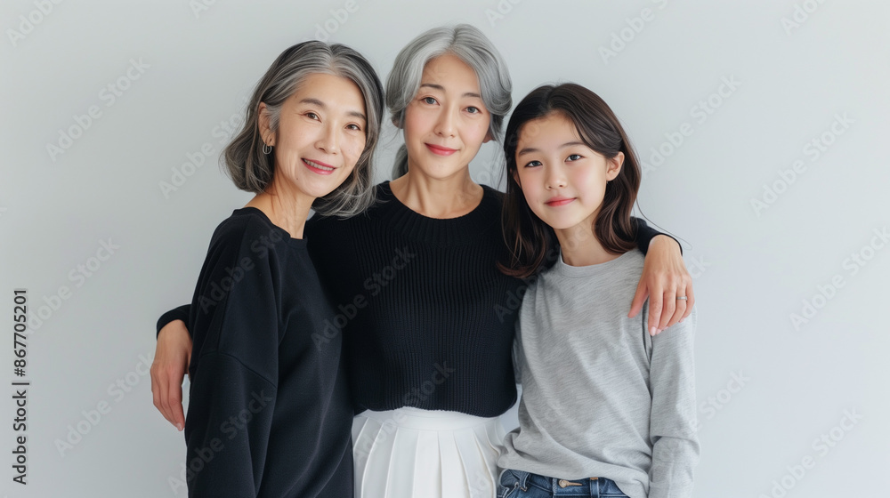 Three generations of Asian women smiling in a family portrait, embracing the power of family bonds and togetherness Three generations of Asian women smiling in a family portrait, embracing the power of family bonds and togetherness