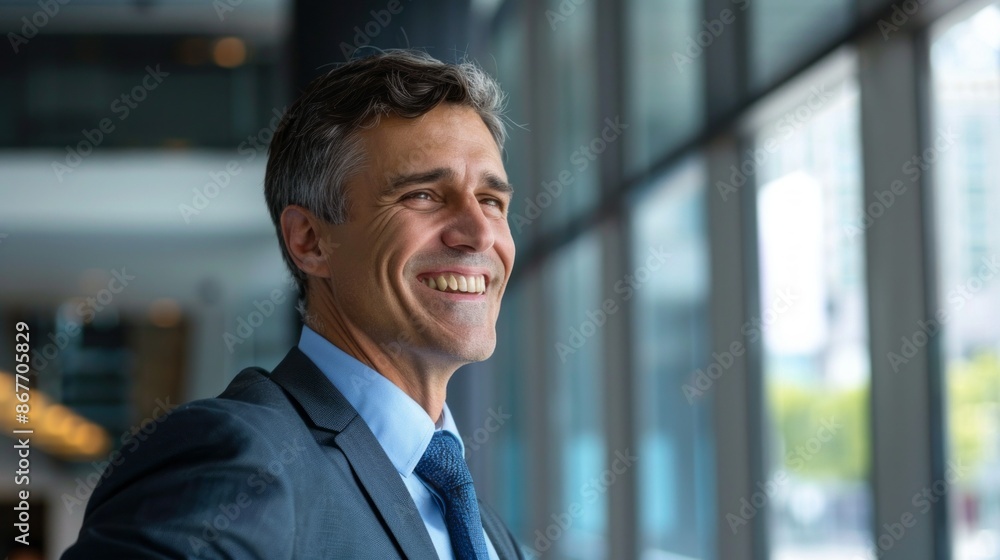 A portrait of a businessman in a suit, smiling confidently while standing in a modern office space A portrait of a businessman in a suit, smiling confidently while standing in a modern office space