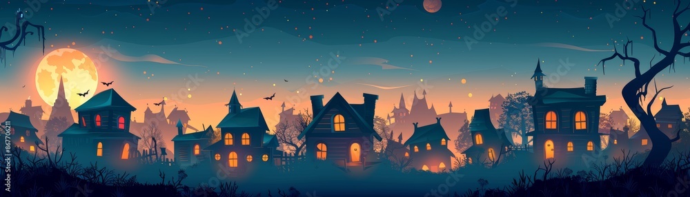 Silhouetted houses against a full moon and dusky sky. Silhouetted houses against a full moon and dusky sky.