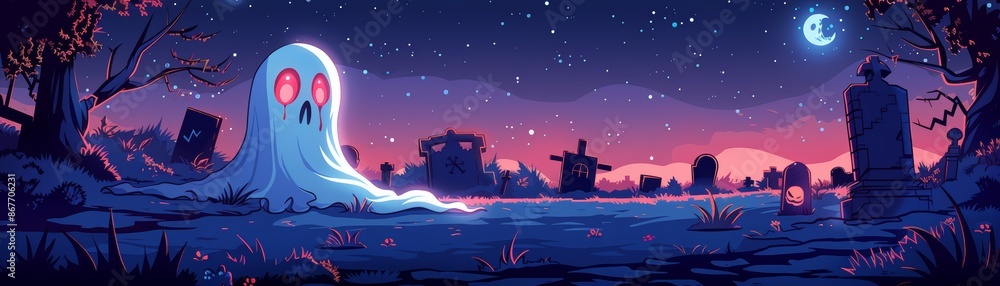 Fototapeta premium Ghostly figure in a graveyard under a starry sky.