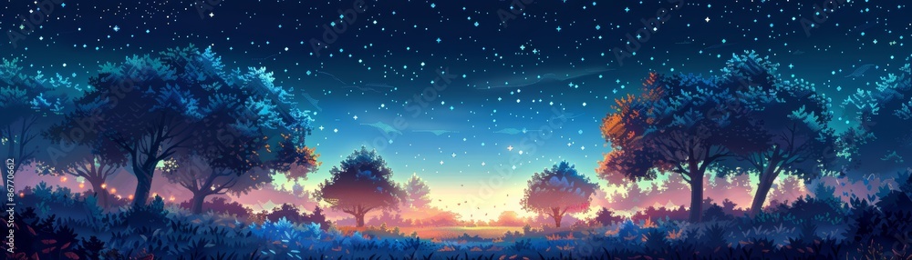 Naklejka premium A magical forest bathed in the glow of a starry night.