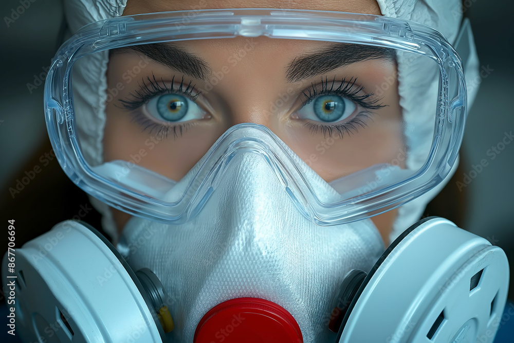 Close-up shot of a health professional wearing an eye shield, gas mask, and protective clothing. For medical, health, and safety related contents. Close-up shot of a health professional wearing an eye shield, gas mask, and protective clothing. For medical, health, and safety related contents.