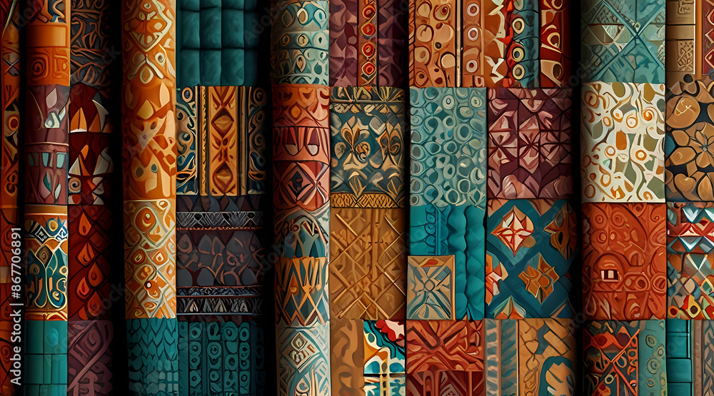 Illustration a series of intricate patchwork patterns that tell a story Illustration a series of intricate patchwork patterns that tell a story