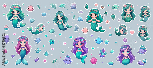 Big stickers pack. Kawaii little mermaid cartoon stickers.