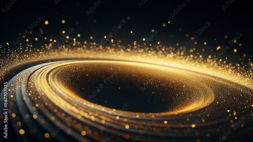 Fototapeta premium Golden particles swirling in intricate patterns on a black background, symbolizing elegance and dynamic energy