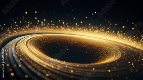 Golden particles swirling in intricate patterns on a black background, symbolizing elegance and dynamic energy