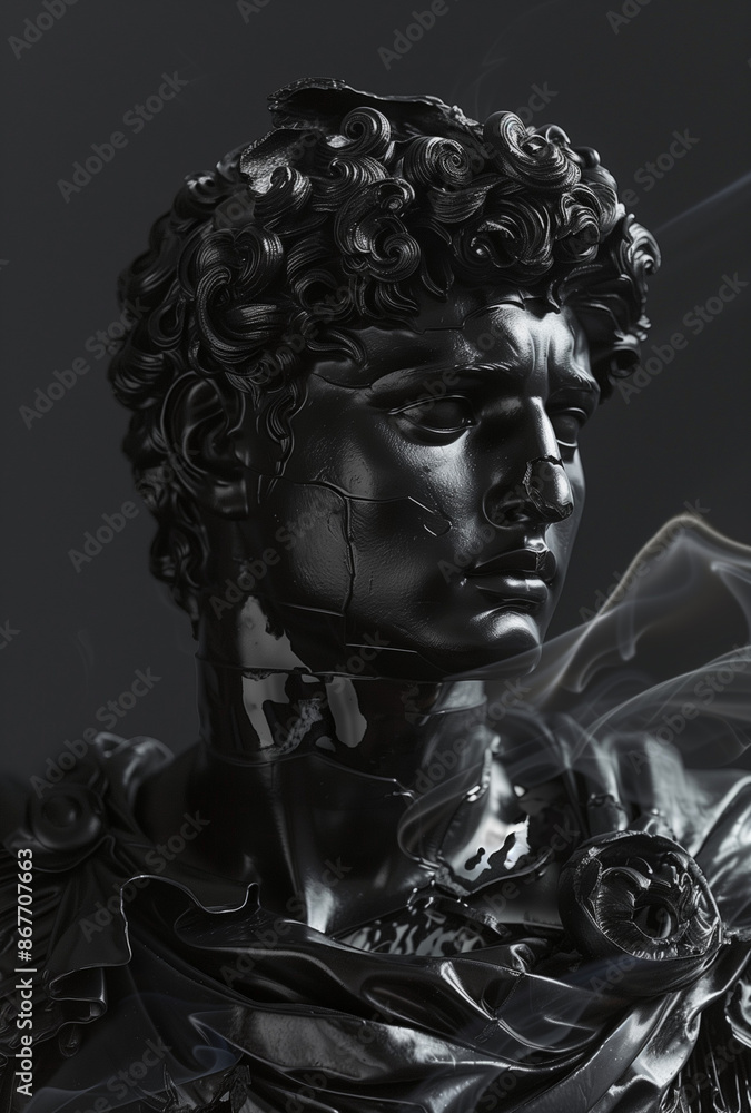 stone statue of roman emperor, smoke and fire in background, dark aesthetic.minimal creative vintage art concept. stone statue of roman emperor, smoke and fire in background, dark aesthetic.minimal creative vintage art concept.