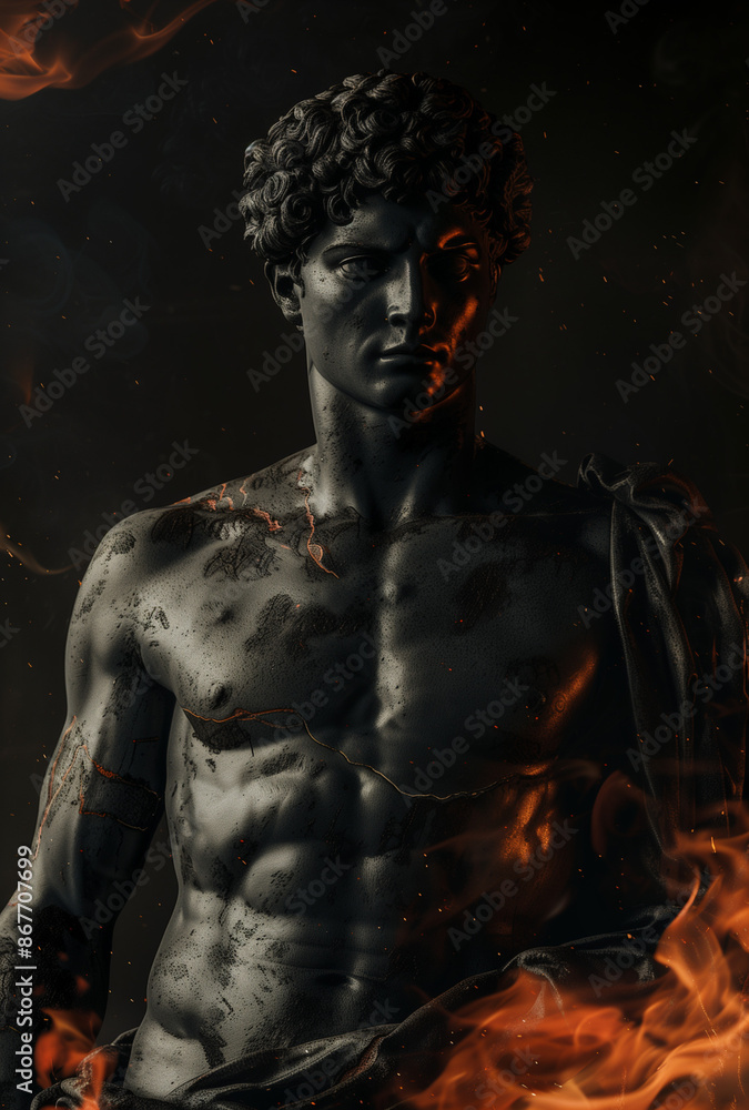 stone statue of roman emperor, smoke and fire in background, dark aesthetic.minimal creative vintage art concept. stone statue of roman emperor, smoke and fire in background, dark aesthetic.minimal creative vintage art concept.