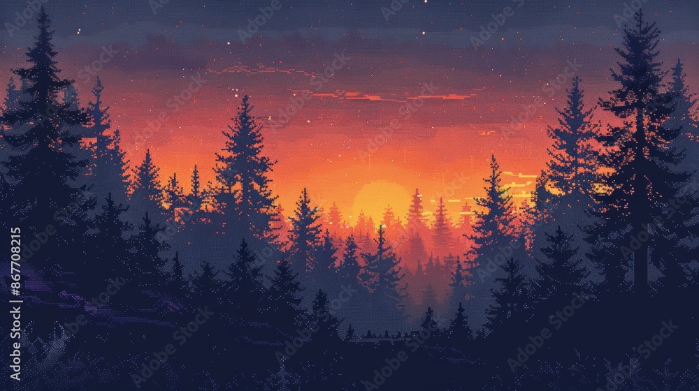 Fototapeta premium A fiery sunset illuminates a dense forest, casting long shadows between the tall pine trees.