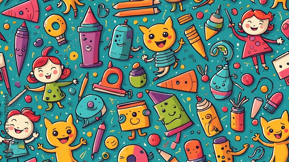 Obraz premium A colorful cartoon drawing of children and various objects such as a pizza