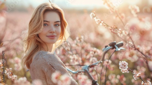 Shot of beautiful pretty young woman with a vintage bike enjoying the time in cherry field in springtime #867709471