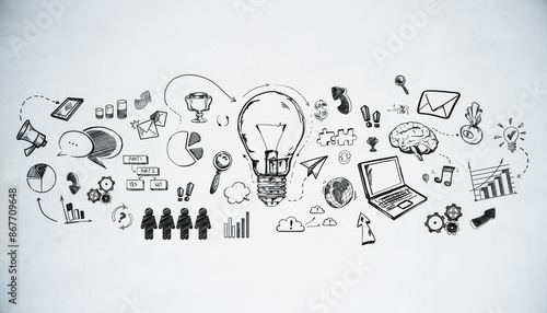 Fotografie Hand-drawn business and creativity concept sketches encircling a lightbulb on a