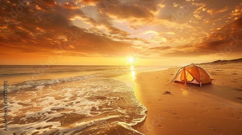 A tranquil beach campsite with a tent set up on the sand, waves gently rolling in under a golden sunset sky. photo