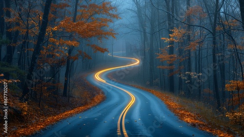 Winding road through autumn forest at twilight, foggy atmosphere. serene nature and tranquility concept © iVGraphic