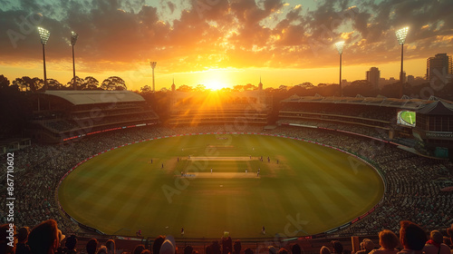 A full stadium top view at sunset and cloudy sky

