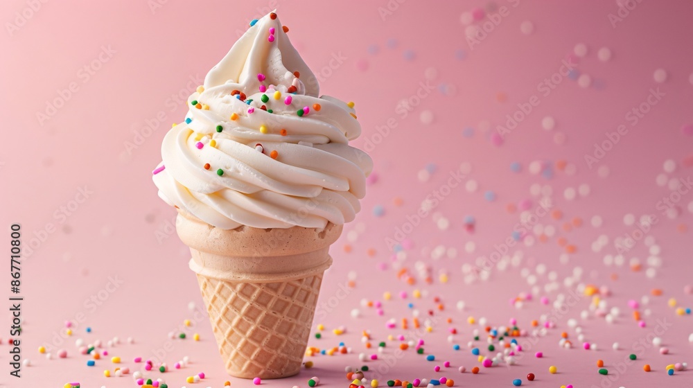 Delicious Vanilla Soft Serve Ice Cream Cone with Colorful Sprinkles on Pink Background Delicious Vanilla Soft Serve Ice Cream Cone with Colorful Sprinkles on Pink Background