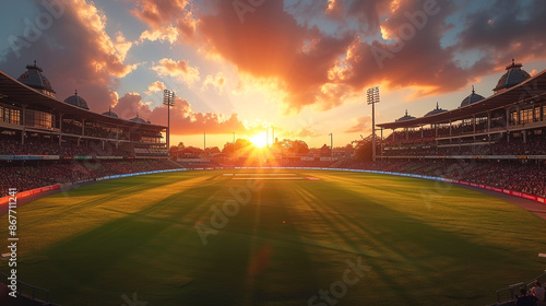 A full stadium top view at sunset and cloudy sky
