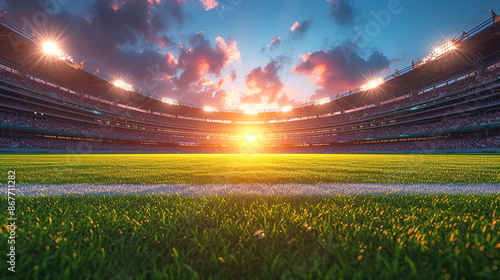 A full stadium top view at sunset and cloudy sky
