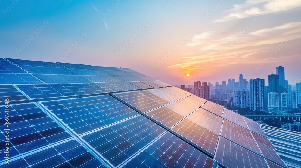 Solar panels installed on a modern urban building roof, with a city ...