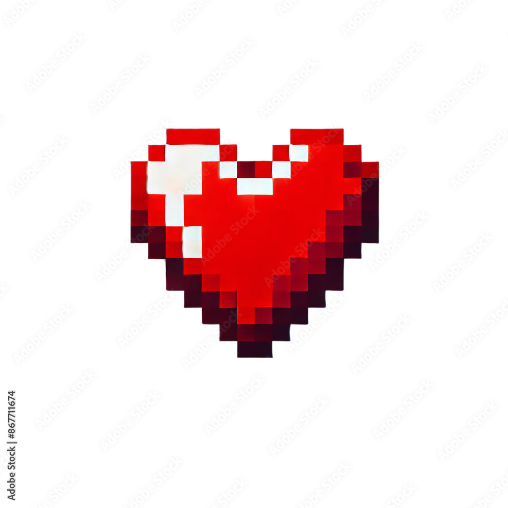 A red pixelated heart on a transparent background. The heart is designed in a classic 8-bit style, with clear A red pixelated heart on a transparent background. The heart is designed in a classic 8-bit style, with clear